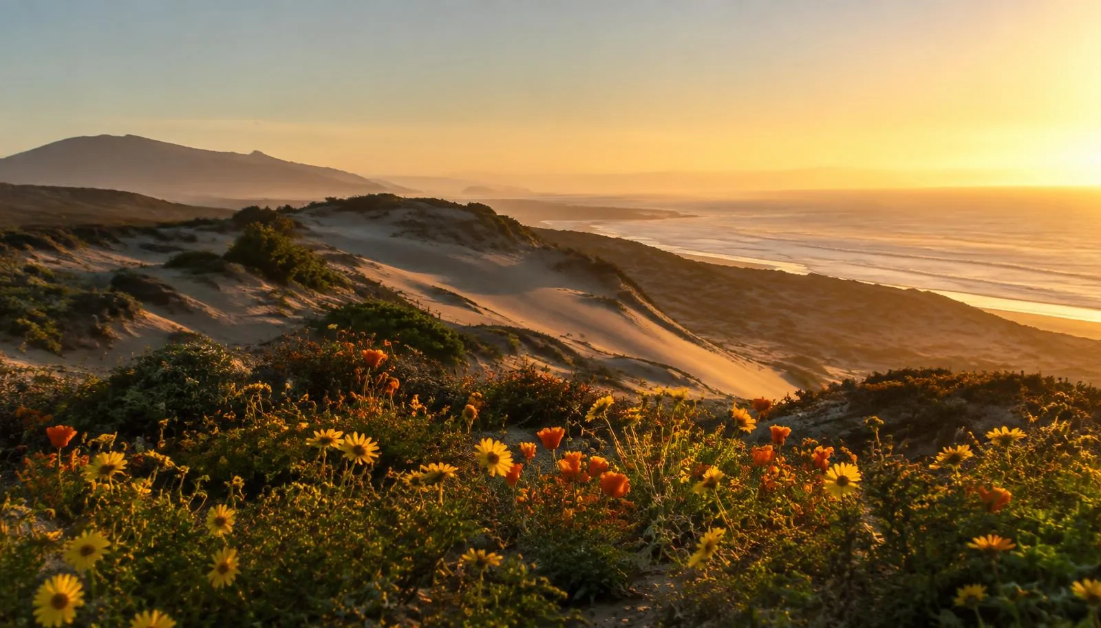 Golden coastal dunes with wildflowers above the Pacific Ocean near Guadalupe
