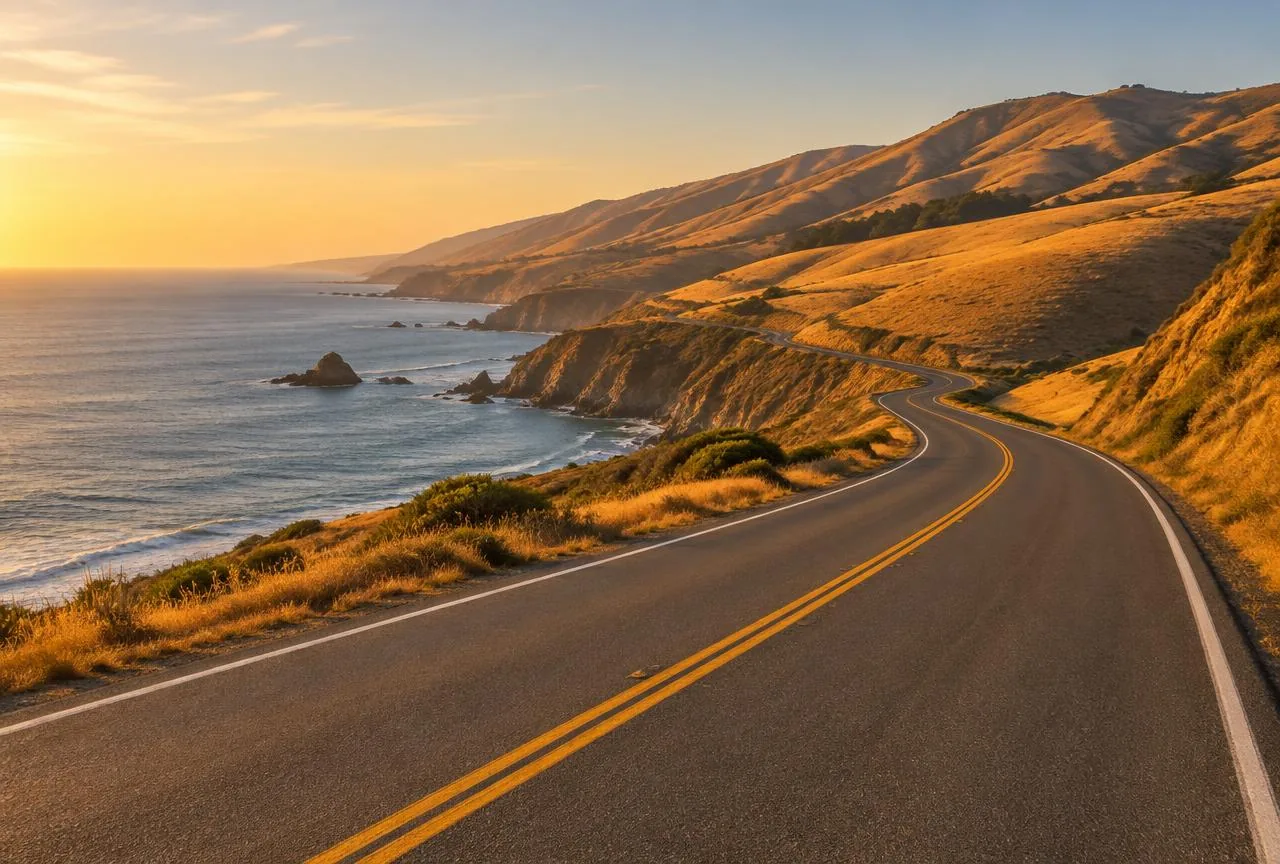 A two-lane coastal highway curving through golden hills beside the Pacific Ocean at sunset